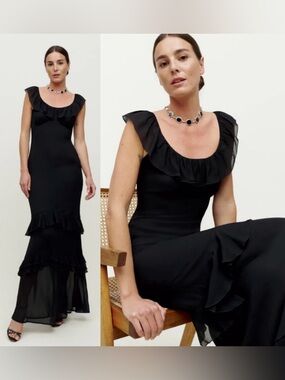 NEW Reformation Tripoli Dress Black Maxi Ruffle Tiered Cap Sleeve Fitted Gown 2